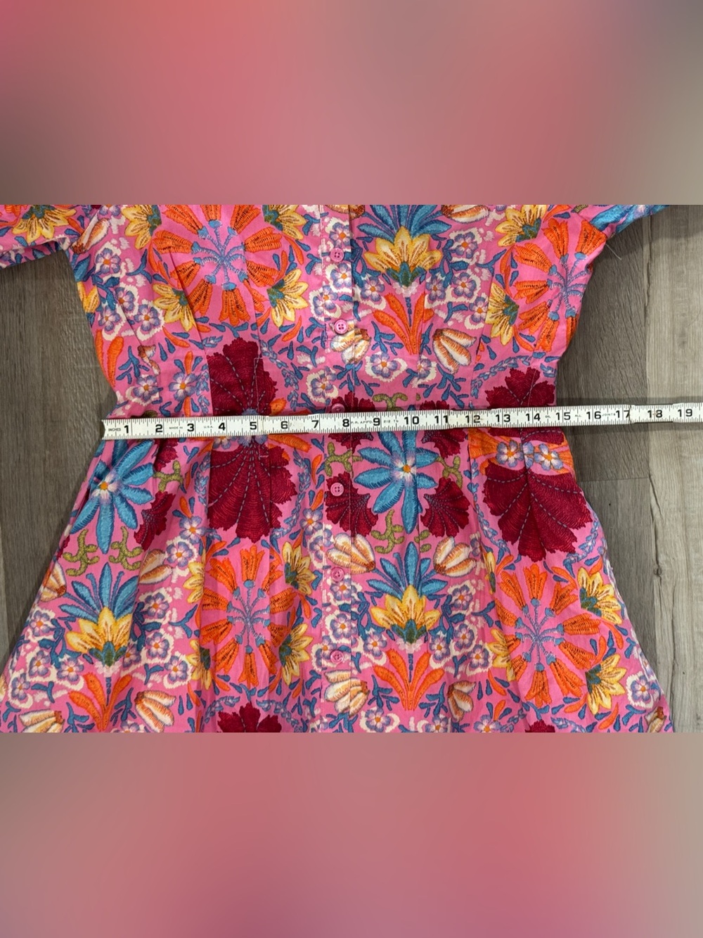 Floral Puff-Sleeve Button-Front Mini Dress in Pink - 100% Cotton - Picture 6 of 11